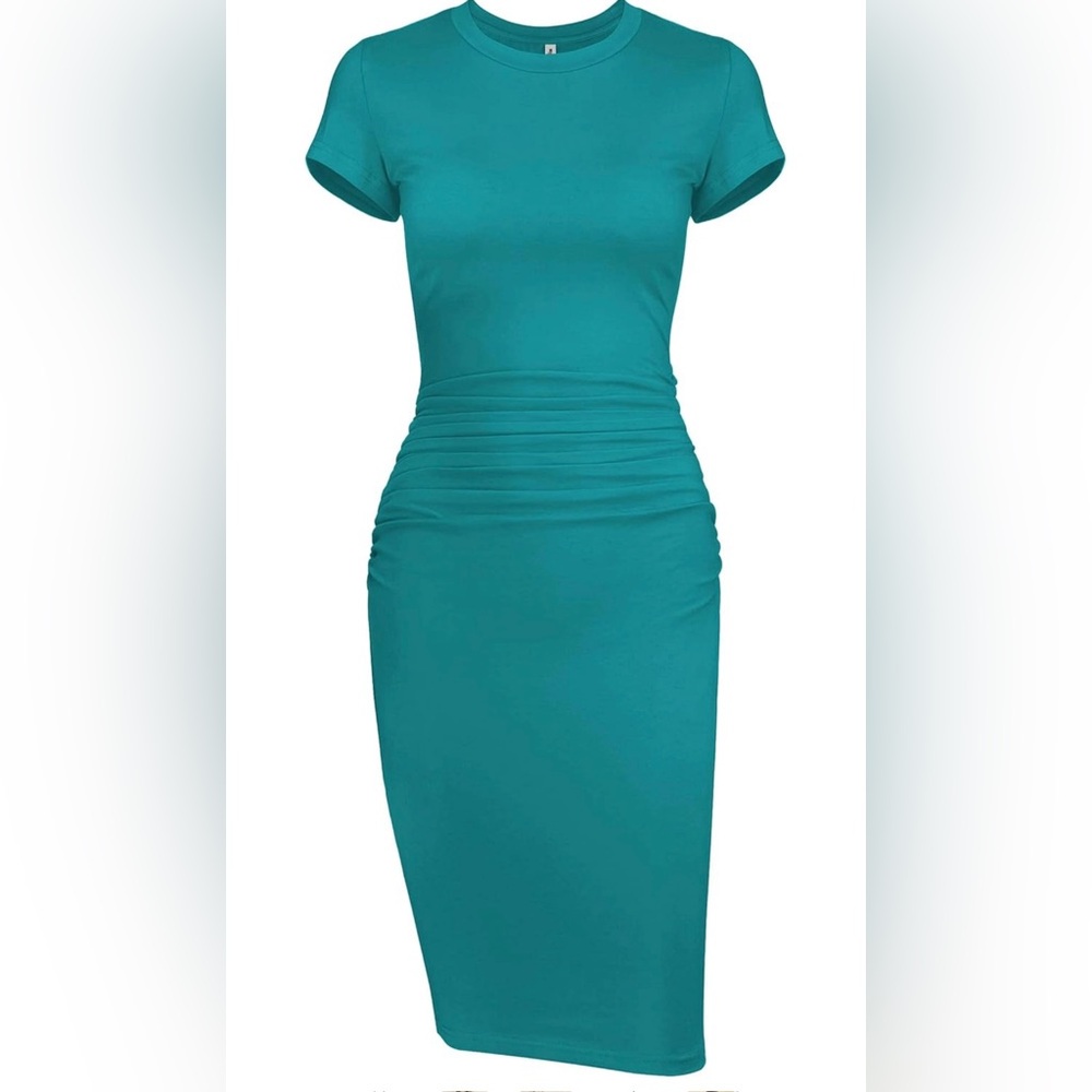 Teal Bodycon Ruched Short Sleeve Shirt Midi Dress